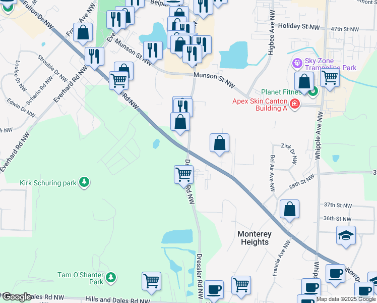 map of restaurants, bars, coffee shops, grocery stores, and more near 4554 Fulton Road Northwest in Canton