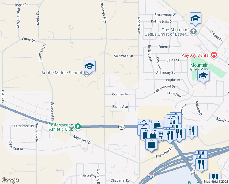 map of restaurants, bars, coffee shops, grocery stores, and more near 642 Cortney Drive in Elko