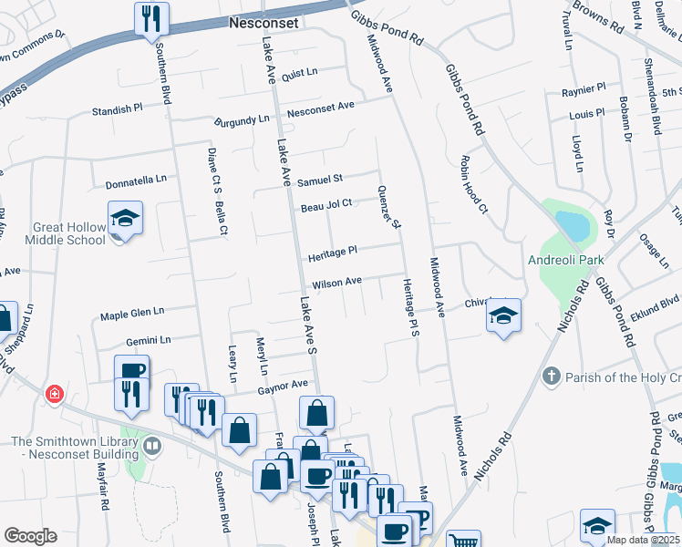map of restaurants, bars, coffee shops, grocery stores, and more near 8 Heritage Place in Nesconset
