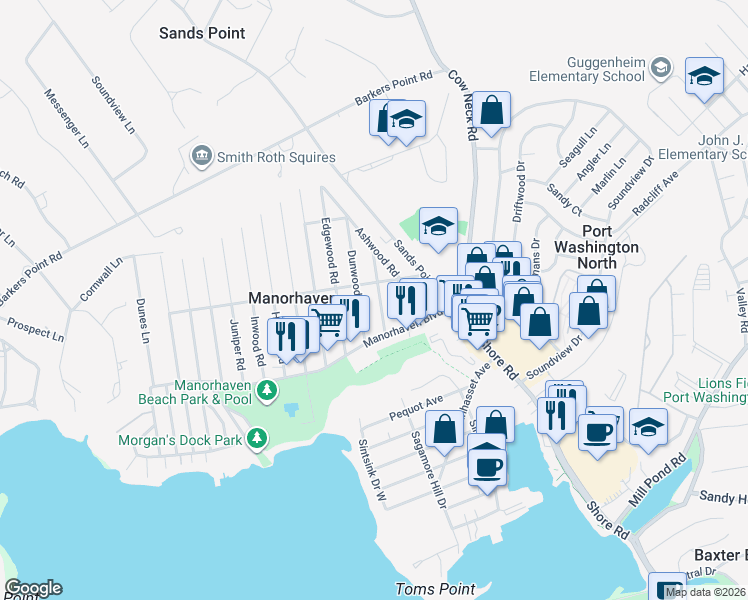 map of restaurants, bars, coffee shops, grocery stores, and more near 25 Cottonwood Road in Port Washington
