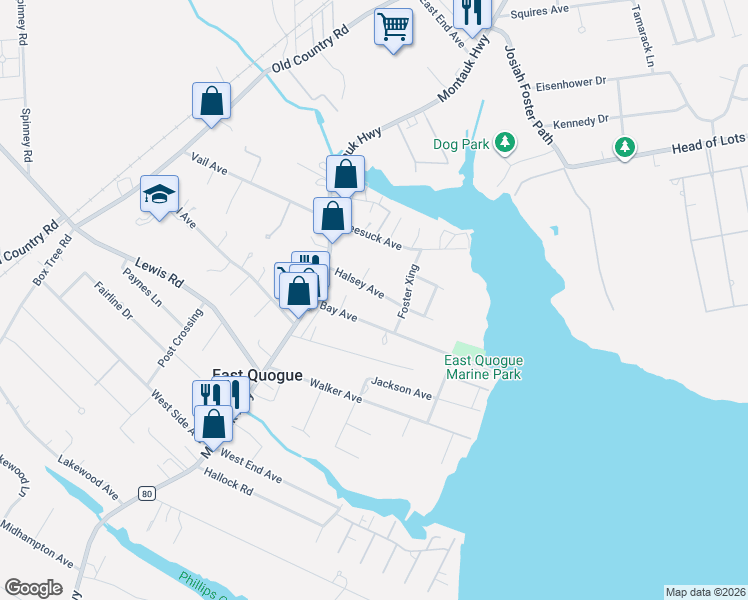 map of restaurants, bars, coffee shops, grocery stores, and more near 9 Halsey Avenue in East Quogue