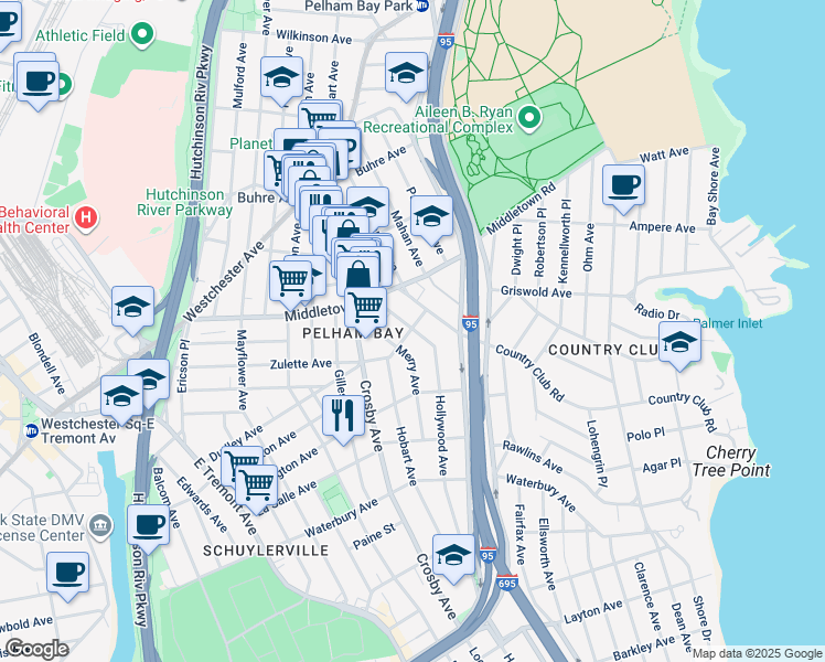 map of restaurants, bars, coffee shops, grocery stores, and more near 1562 Hollywood Avenue in Bronx