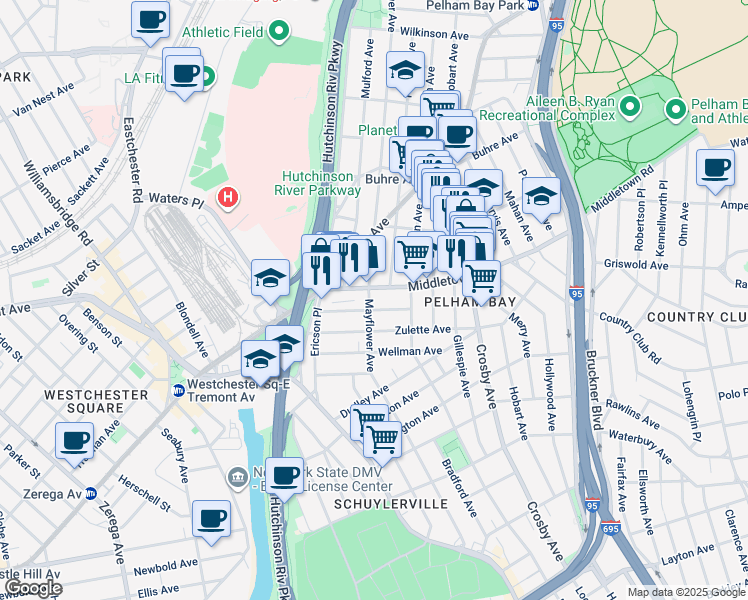 map of restaurants, bars, coffee shops, grocery stores, and more near 2850 Middletown Road in Bronx