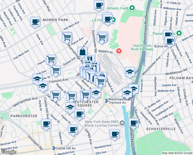map of restaurants, bars, coffee shops, grocery stores, and more near 2601 Saint Raymond Avenue in Bronx