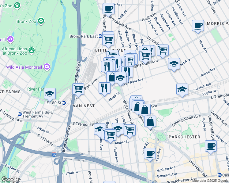 map of restaurants, bars, coffee shops, grocery stores, and more near in The Bronx
