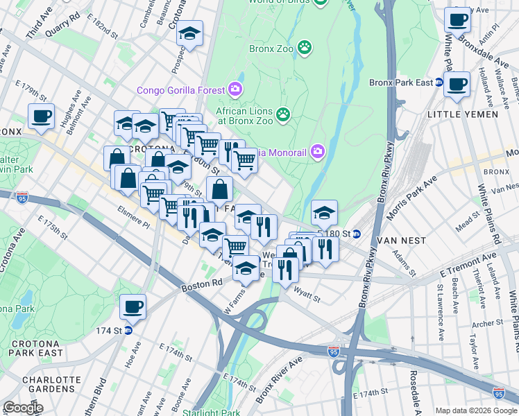 map of restaurants, bars, coffee shops, grocery stores, and more near 986 East 180th Street in The Bronx