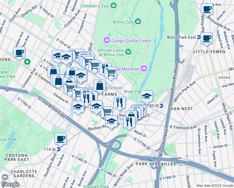 map of restaurants, bars, coffee shops, grocery stores, and more near 986 East 180th Street in The Bronx