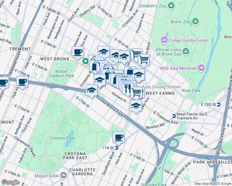map of restaurants, bars, coffee shops, grocery stores, and more near in The Bronx