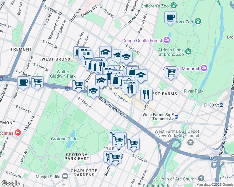 map of restaurants, bars, coffee shops, grocery stores, and more near 789 Elsmere Place in Bronx