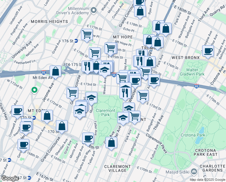 map of restaurants, bars, coffee shops, grocery stores, and more near in The Bronx