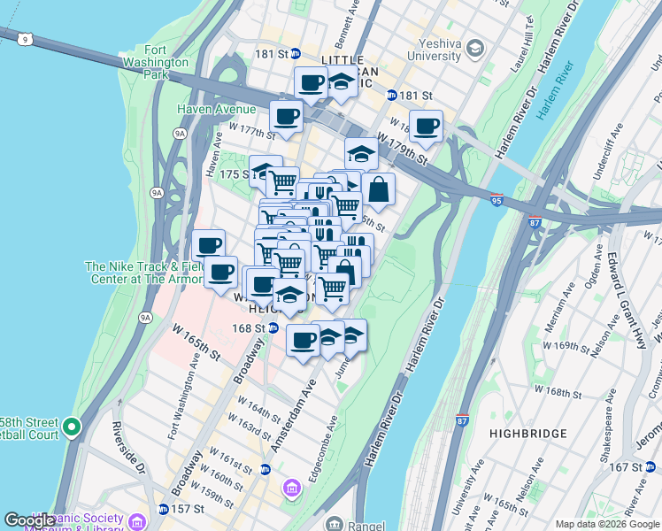 map of restaurants, bars, coffee shops, grocery stores, and more near 559 West 172nd Street in New York