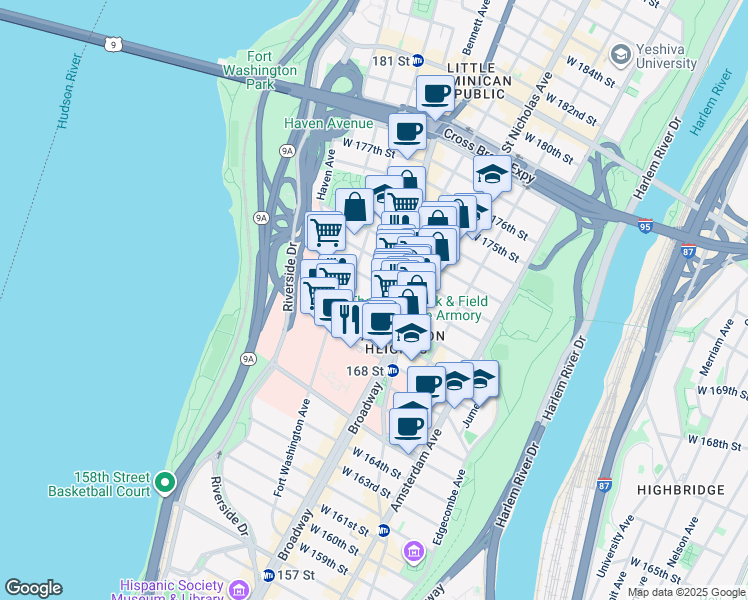 map of restaurants, bars, coffee shops, grocery stores, and more near 250 Fort Washington Avenue in New York