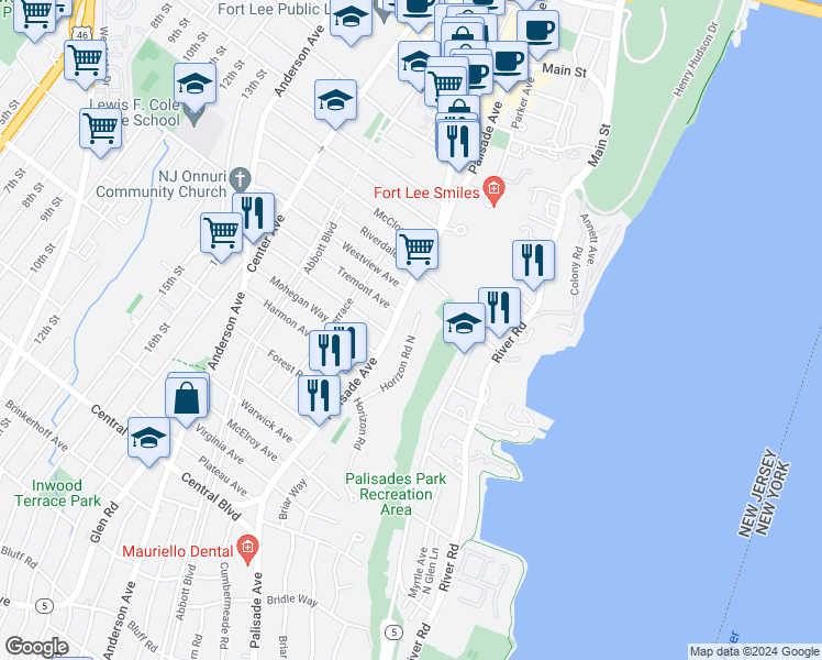 map of restaurants, bars, coffee shops, grocery stores, and more near 1400 Palisade Avenue in Fort Lee