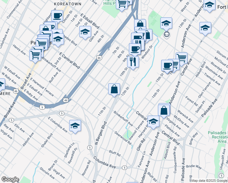 map of restaurants, bars, coffee shops, grocery stores, and more near 329 Bergen Boulevard in Palisades Park