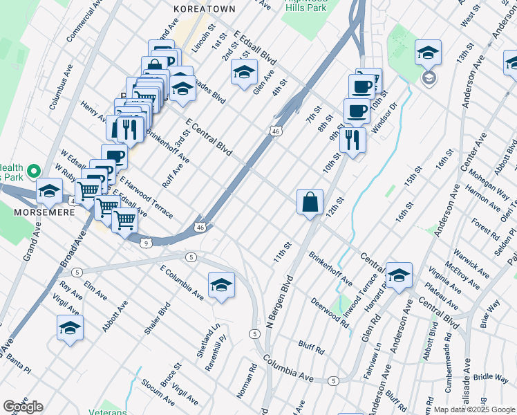 map of restaurants, bars, coffee shops, grocery stores, and more near 247 7th Street in Palisades Park