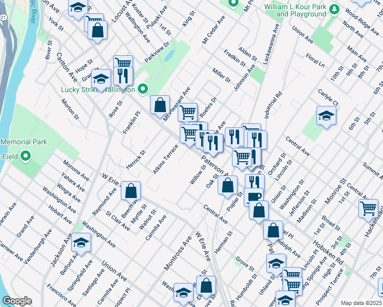 map of restaurants, bars, coffee shops, grocery stores, and more near 2 Shepard Terrace in East Rutherford