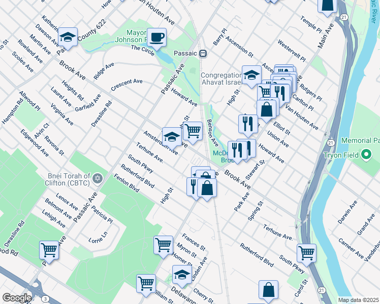 map of restaurants, bars, coffee shops, grocery stores, and more near 224 Brook Avenue in Passaic