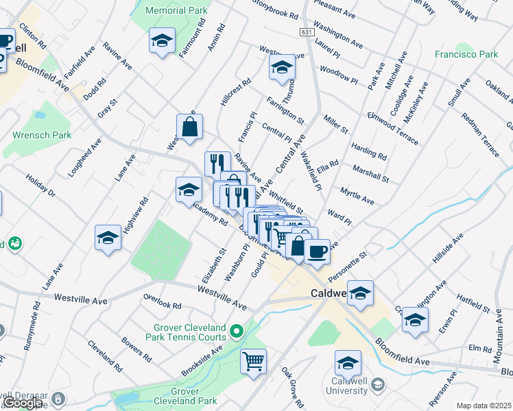 map of restaurants, bars, coffee shops, grocery stores, and more near 15 Central Avenue in Caldwell