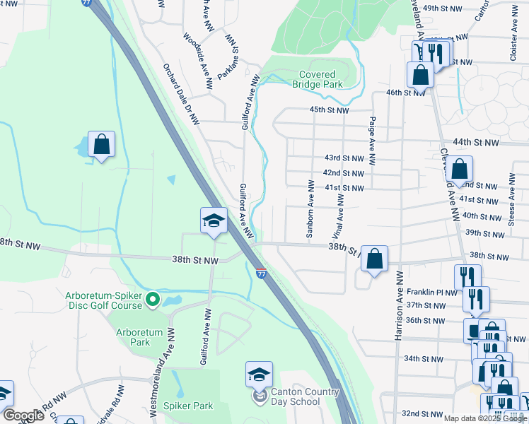 map of restaurants, bars, coffee shops, grocery stores, and more near 4027 Orchard Dale Drive Northwest in Canton