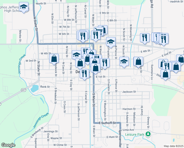 map of restaurants, bars, coffee shops, grocery stores, and more near 112 North Canal Street in Delphos