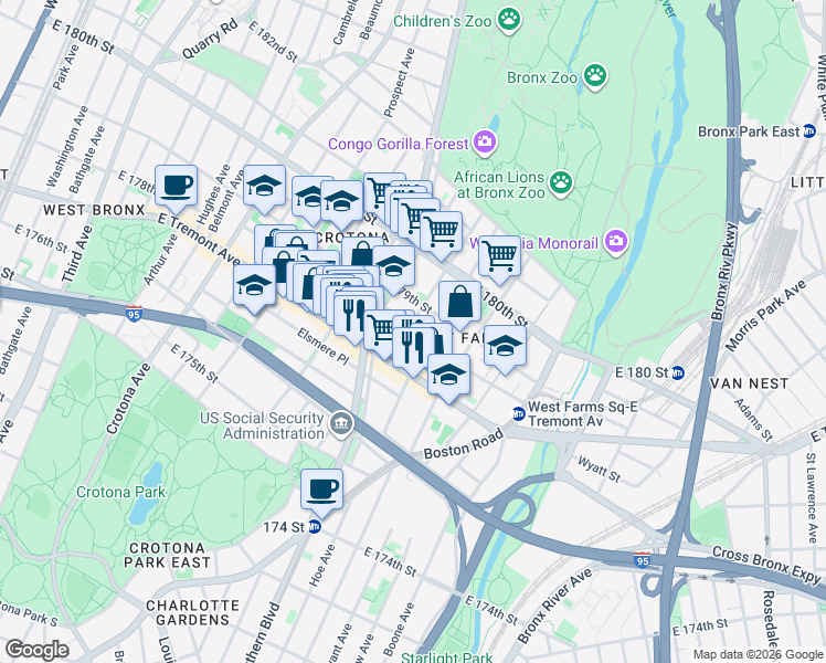 map of restaurants, bars, coffee shops, grocery stores, and more near 887 East 178th Street in Bronx