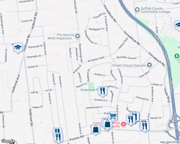 map of restaurants, bars, coffee shops, grocery stores, and more near 29 Radburn Drive in Farmingville