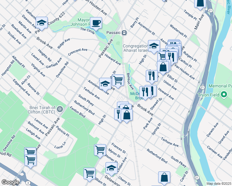 map of restaurants, bars, coffee shops, grocery stores, and more near 224 Brook Avenue in Passaic