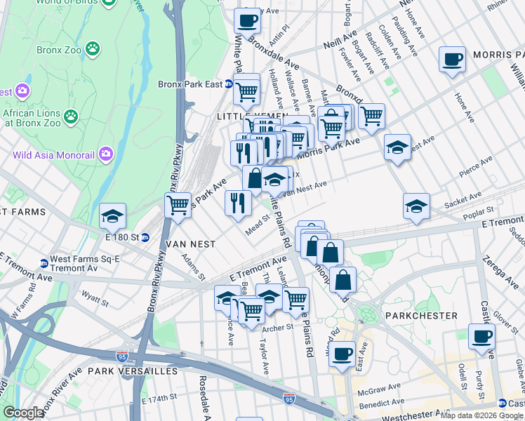 map of restaurants, bars, coffee shops, grocery stores, and more near in The Bronx