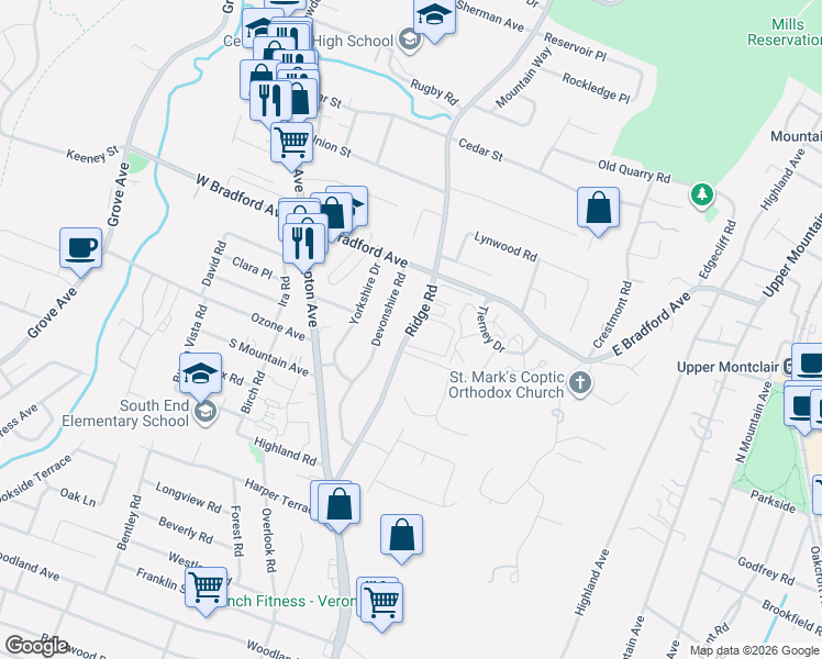 map of restaurants, bars, coffee shops, grocery stores, and more near 160 Ridge Road in Cedar Grove