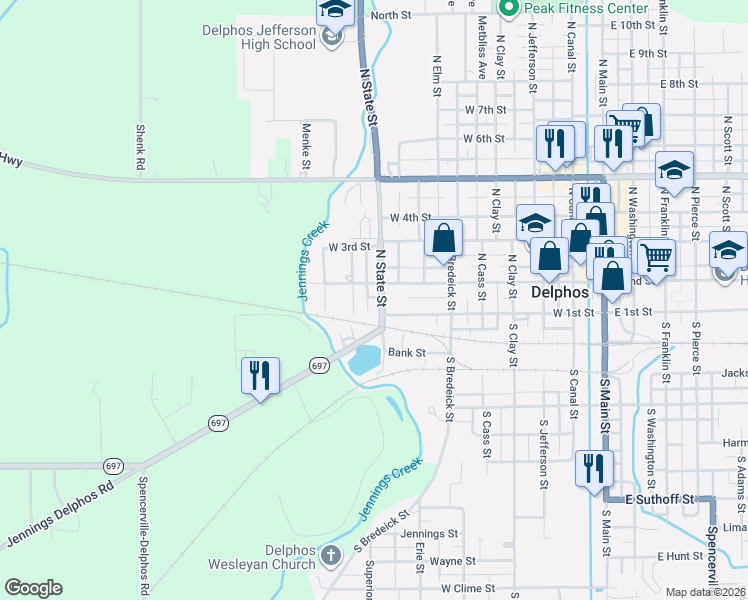map of restaurants, bars, coffee shops, grocery stores, and more near 133 North State Street in Delphos