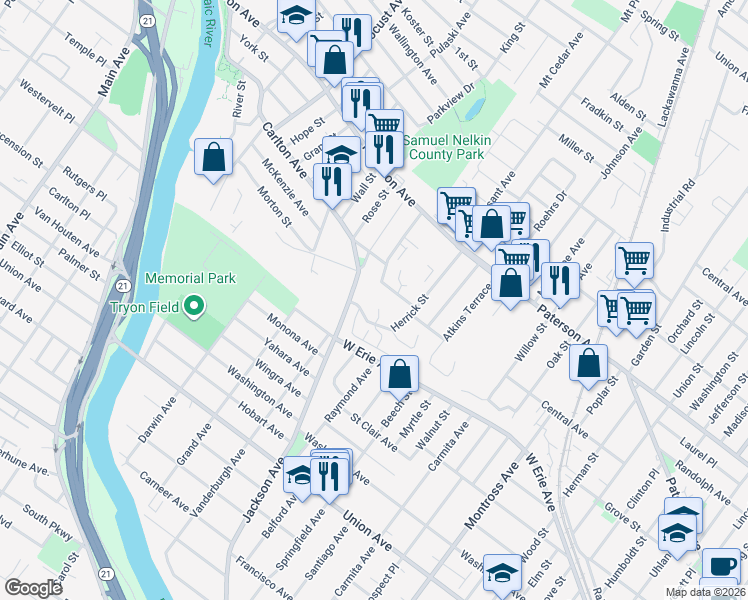 map of restaurants, bars, coffee shops, grocery stores, and more near 36 Hillside Terrace in East Rutherford