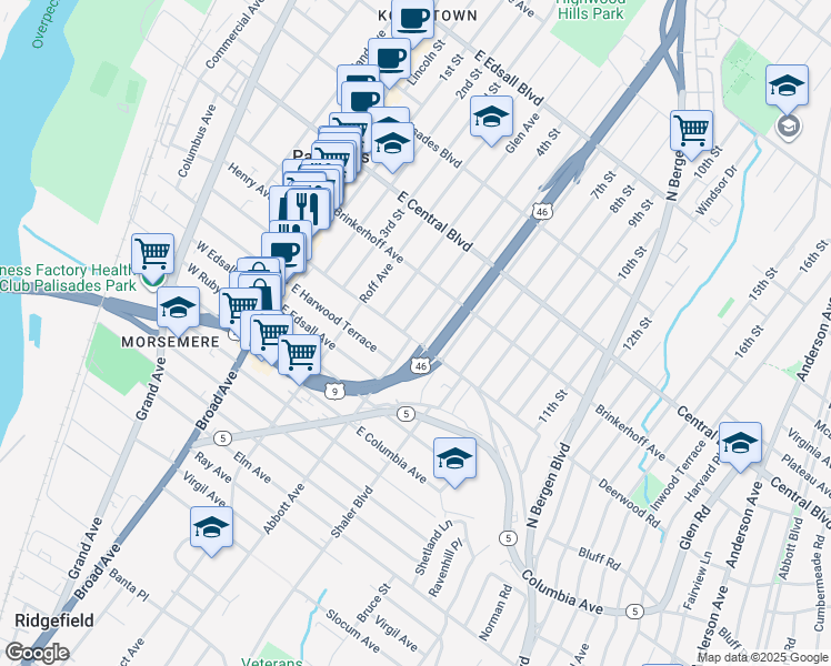 map of restaurants, bars, coffee shops, grocery stores, and more near 210 4th Street in Palisades Park