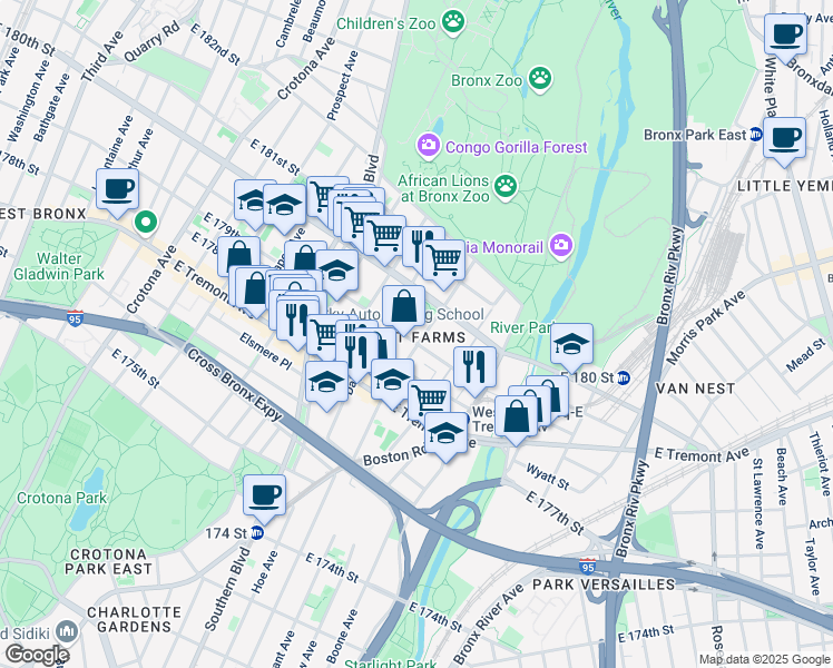 map of restaurants, bars, coffee shops, grocery stores, and more near in The Bronx