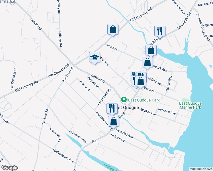 map of restaurants, bars, coffee shops, grocery stores, and more near 118 Lewis Road in East Quogue