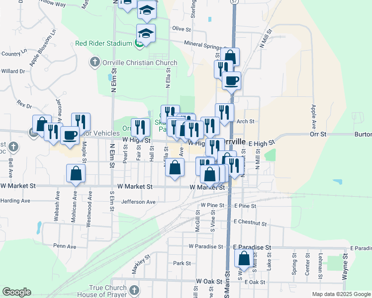 map of restaurants, bars, coffee shops, grocery stores, and more near 328 West High Street in Orrville