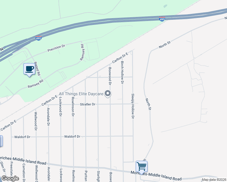 map of restaurants, bars, coffee shops, grocery stores, and more near 570 Boxwood Drive in Shirley