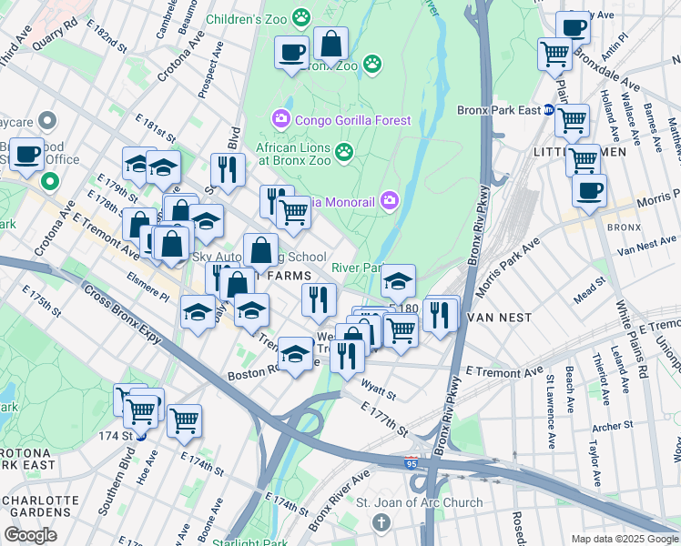 map of restaurants, bars, coffee shops, grocery stores, and more near 2123 Boston Road in Bronx