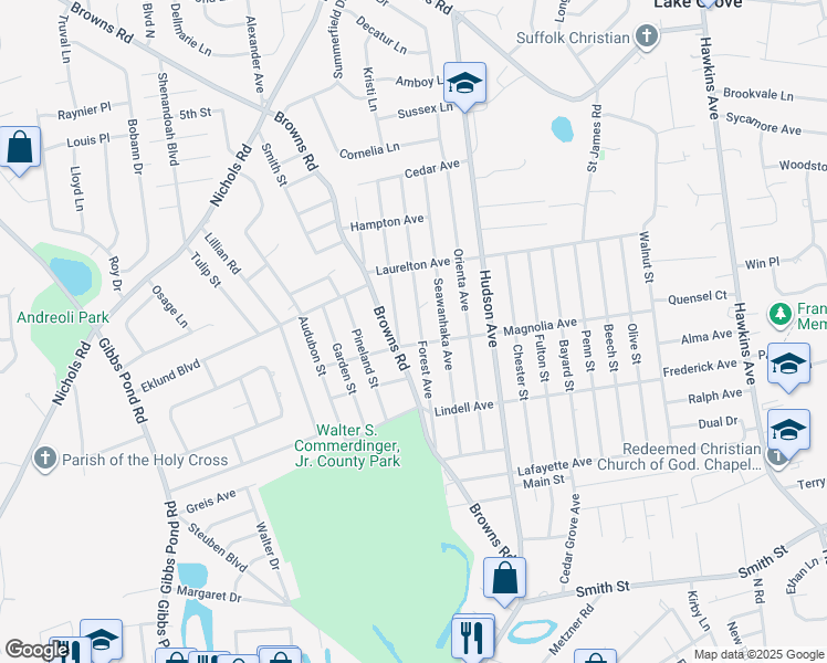 map of restaurants, bars, coffee shops, grocery stores, and more near 11 Saint James Parkway in Nesconset