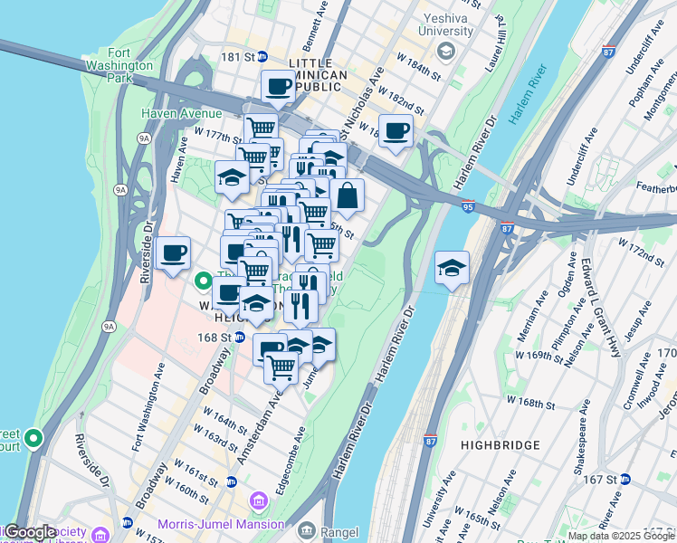 map of restaurants, bars, coffee shops, grocery stores, and more near 501 West 173rd Street in New York