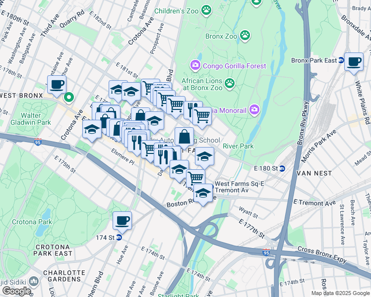 map of restaurants, bars, coffee shops, grocery stores, and more near 935 East 179th Street in The Bronx