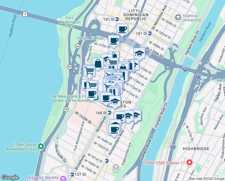 map of restaurants, bars, coffee shops, grocery stores, and more near 615 West 171st Street in New York