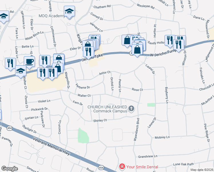 map of restaurants, bars, coffee shops, grocery stores, and more near 12 Orchid Lane in Commack