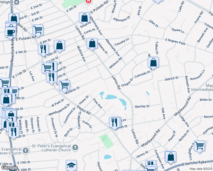 map of restaurants, bars, coffee shops, grocery stores, and more near 11 Marcher Avenue in Huntington Station