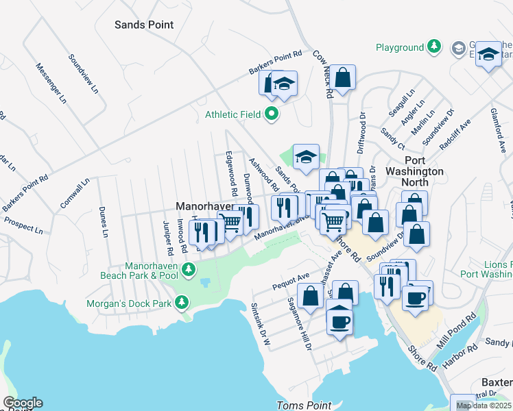 map of restaurants, bars, coffee shops, grocery stores, and more near 25 Cottonwood Road in Port Washington