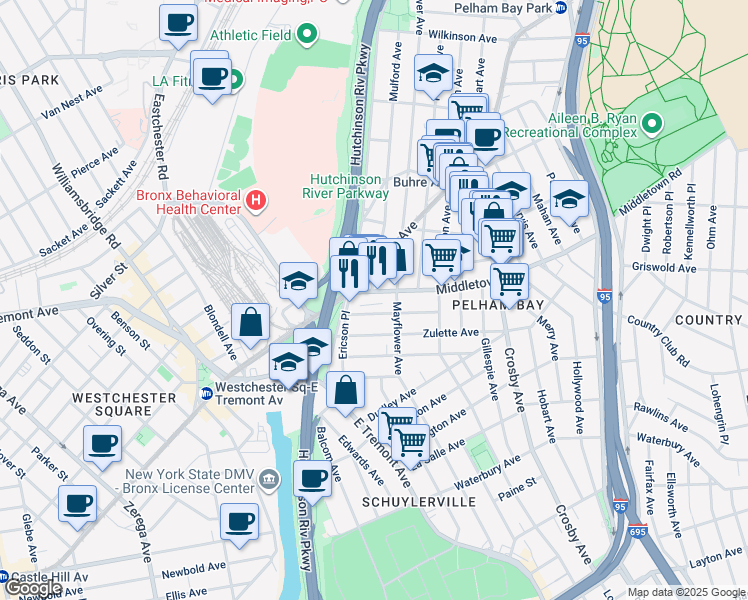 map of restaurants, bars, coffee shops, grocery stores, and more near in The Bronx