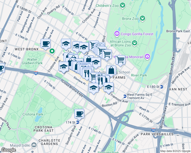 map of restaurants, bars, coffee shops, grocery stores, and more near 887 East 178th Street in Bronx