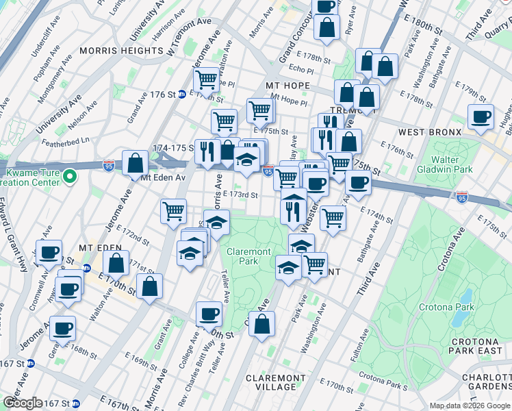 map of restaurants, bars, coffee shops, grocery stores, and more near in The Bronx