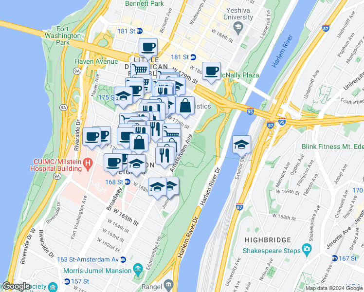 map of restaurants, bars, coffee shops, grocery stores, and more near 2301 Amsterdam Avenue in New York