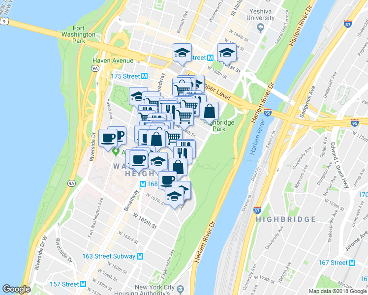 map of restaurants, bars, coffee shops, grocery stores, and more near 559 West 172nd Street in New York