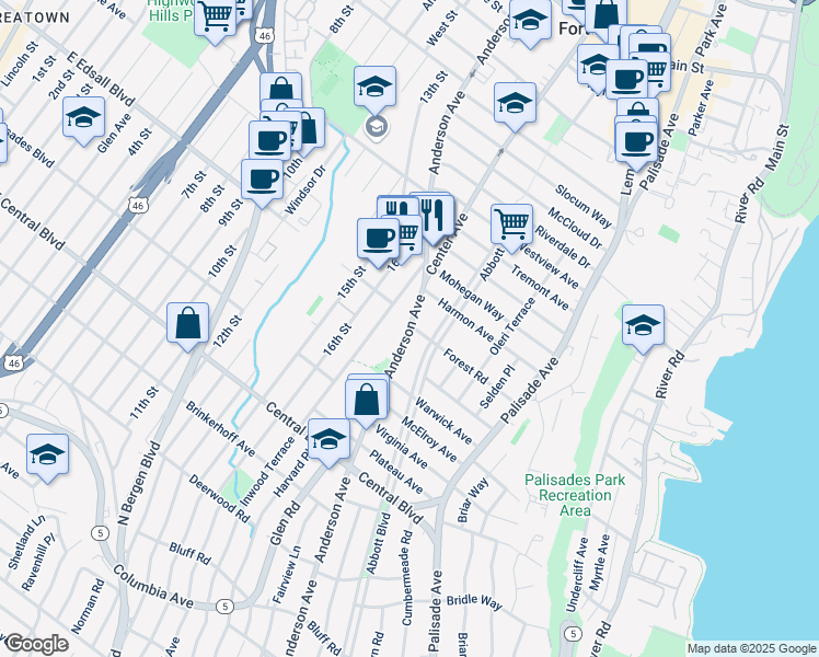 map of restaurants, bars, coffee shops, grocery stores, and more near 1319 Anderson Avenue in Fort Lee